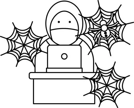 Hooded figure sits at desk using laptop Stock Illustration