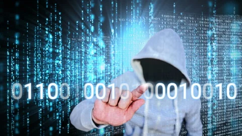 Hooded figure touching binary code, representing cyber security and hacking Stock Footage 311036654
