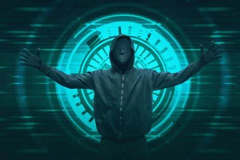 Hooded hacker with anonymous mask expression Stock-Fotos