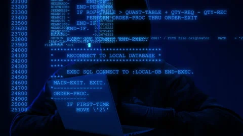 Hooded hacker attacking Data Server Hacker stealing secure information from s Stock Footage 149095789