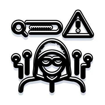 Hooded hacker character with warning security icons 스톡 일러스트