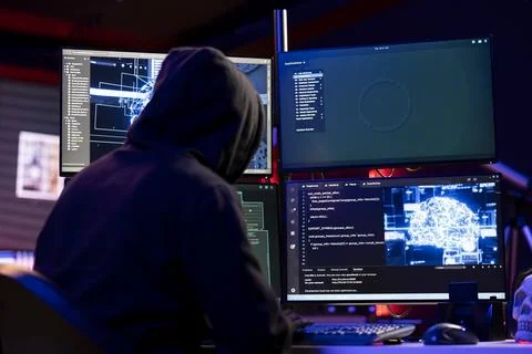 Hooded hacker coding on PC, using AI to evade security with stealth malware Stock Photos