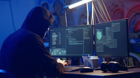 Hooded hacker creating pirating crack for software and video game releases Stock Footage 319519189