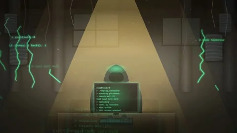 Hooded Hacker in Dark Room with Green Code and Cyber Attack Animation 動画素材 341453855