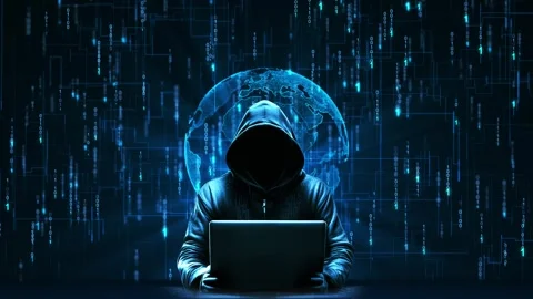 Hooded hacker in dark room matrix code security breach hacking cyber internet Stock Footage 311677368