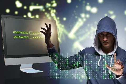Hooded hacker in data computer security concept Stock Photos