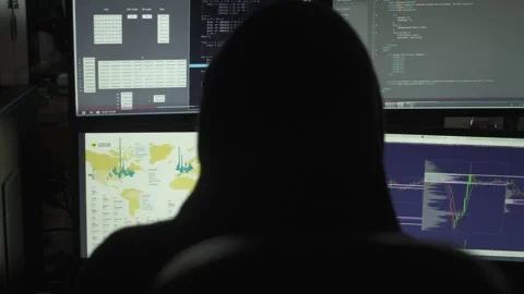 Hooded Hacker in Front of Multiple Computer Screens Stock Footage 344624286