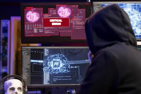 Hooded hacker getting critical error warning while doing computer sabotage 写真素材