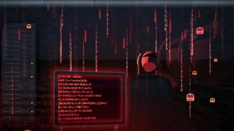 Hooded Hacker with Headphones Working at Computer in Dark Cyber Space with Stock Footage 341453536