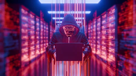 Hooded Hacker with Laptop in Server Room Stock Footage 327364189