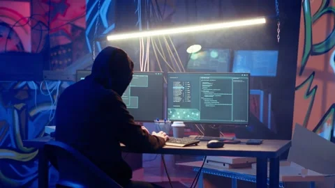 Hooded hacker leaving neon lit underground shelter after launching DDoS attack Stock Footage 319517846