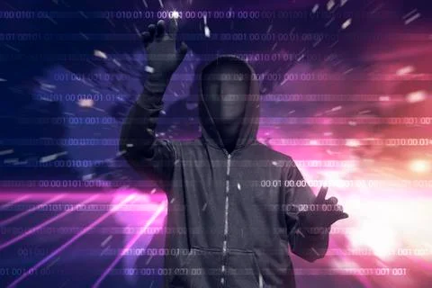 Hooded hacker with mask hacking binary system security code Stock Photos