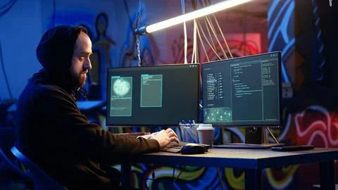 Hooded hacker running code in graffiti painted basement 스톡 사진