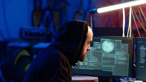 Hooded hacker running code in graffiti painted basement 스톡 사진