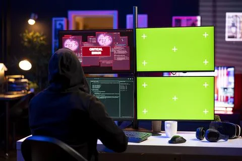 Hooded hacker seeing critical error message on green screen mockup PC Fotos de archivo