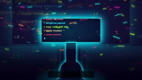 Hooded Hacker Silhouette in Dark Room with Cyber Code and Digital Glitch Effects Видео 341453333
