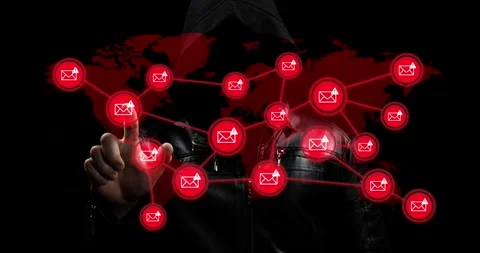 Hooded hacker touching a digital red world map spreading a computer virus Vídeos de archivo 337428782