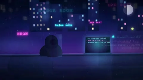 Hooded Hacker Typing Code on Laptop in Rainy Neon Cyberpunk City Stockbeeldmateriaal 341453360