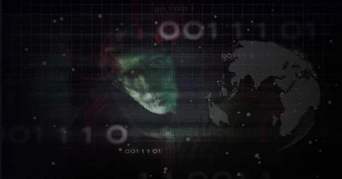 Hooded hacker typing code on laptop in cyber grid showing binary, red circuits, Stockfoto's