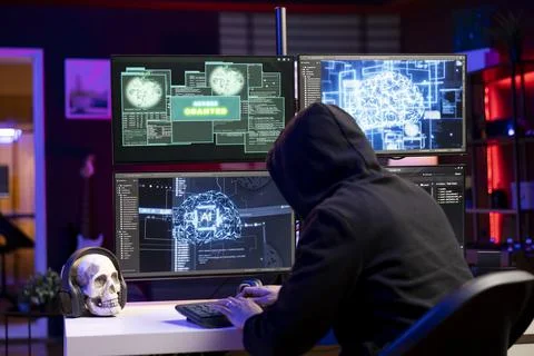 Hooded hacker typing on keyboard, using AI to break into secure computer systems Stock Photos