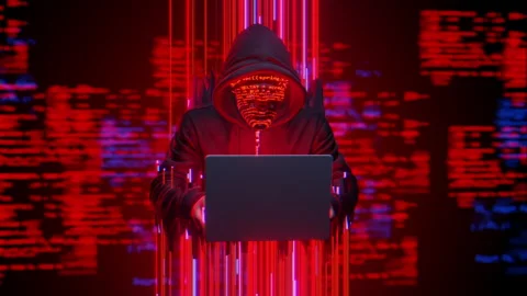 Hooded Hacker Working on Laptop with Digital Code Background Stock Footage 327363944