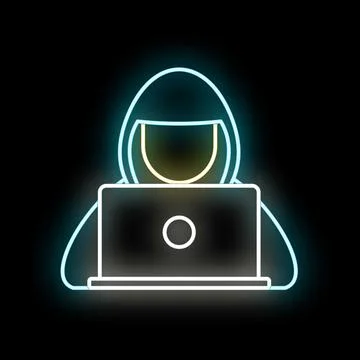 Hooded hacker working on laptop neon icon Illustrazione stock