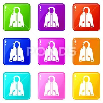 Hooded jacket icons set 9 color collection Stock Illustration
