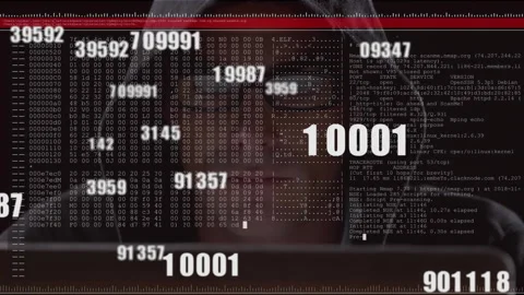 Hooded man staring computer screen initiating network scan while floating hex Stock Footage 314745075