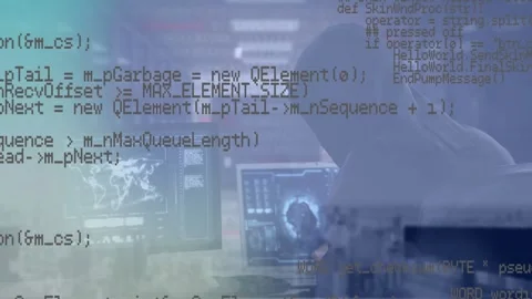 Hooded man typing, visualizing world map data in tech lab, code overlay Stock Footage 326974277