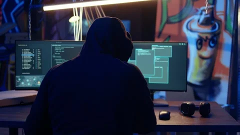 Hooded man in underground hideaway hacking computers Stock Footage 319518959