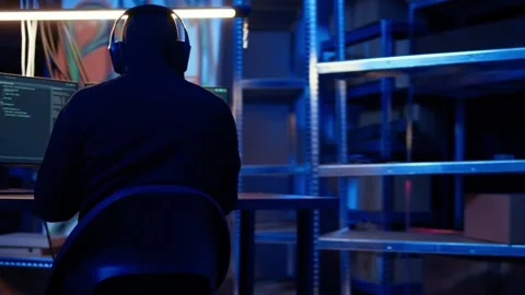 Hooded man in underground hideaway hacking computers Stock Footage 319534190