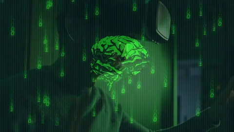 Hooded programmer launching software swiping rotating brain hologram analyzing Stock Footage 313725009