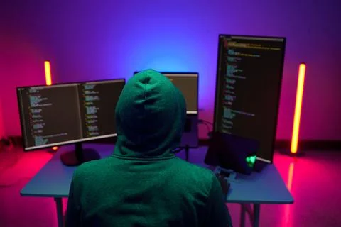 Hooded programmer working at multiple monitors in neon light Foto stock