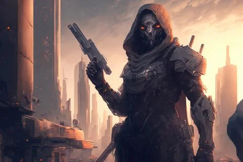 Hooded sci-fi stalker against the backdrop of a futuristic city. Stock Illustration