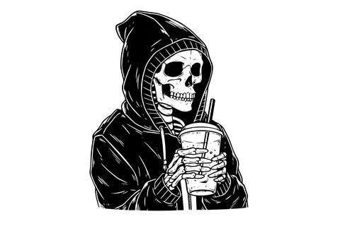 Hooded skeleton is drinking coffee from cup. Engraved lined style with bold Stock Illustration