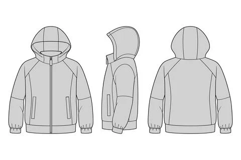 Hooded Zip Jacket Technical Illustration Showing Front Side and Back Views Ilustração Stock