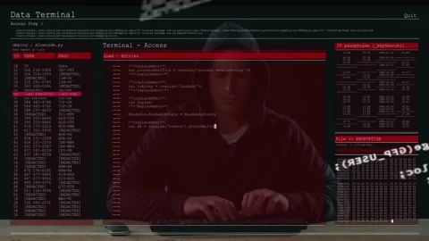 Hoodie-clad engineer typing deploy command and executing cybersecurity script to Stock Footage 312656628