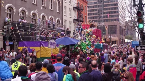 Hoodoo float in Mid city mardi gras parade 2018 4k Stock Footage 86338125