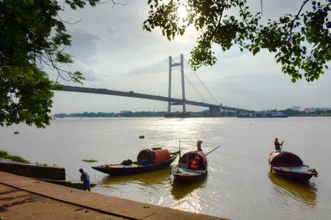 Hooghly Bridge along with boat seen from the Princep ghat Kolkata Stock Photos