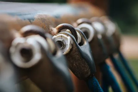 Hook for connecting ropes in the playground, selective focus, Fastening ele.. Stock Photos