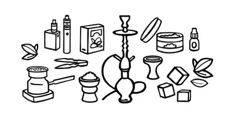Hookah doodle set - illustration on a white background. hookah accessories -  Stock Illustration