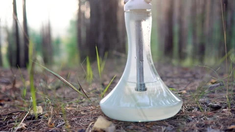 Hookah flask in the woods close-up. Hookah fills with smoke Video stock 138401149