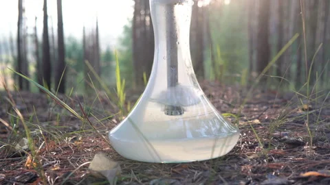 Hookah flask in the woods close-up. Hookah fills with smoke Stock Footage 138401174