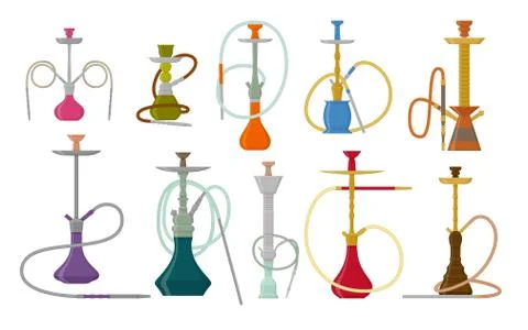 Hookah flat set with pipe for smoking tobacco and shisha. Collection isolated on Stock Illustration
