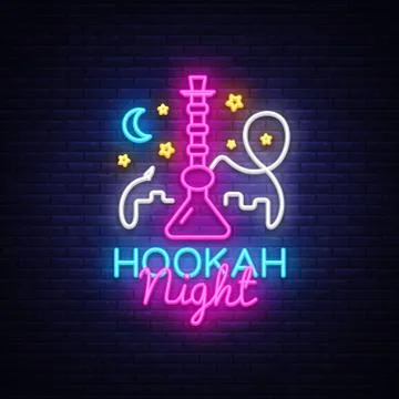 Hookah neon sign vector. Night Hookah Design Template, Light Banner, Night Stock Illustration