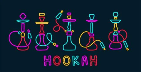 Hookah neon signs collection vector and isolated Stock Illustration