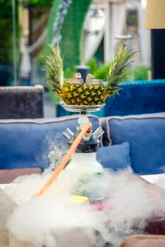 Hookah on pineapple. Pineapple hookah. Hookah with round clear bulb in which  Stock Photos