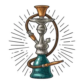 Hookah with rays. Vector vintage engraving color illustration isolated on whi Stock Illustration