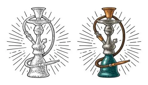 Hookah with rays. Vector vintage engraving color illustration isolated on whi Illustration