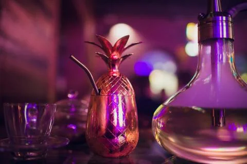 Hookah in the restaurant hookah elements on the background of a blurry interior Stock Photos